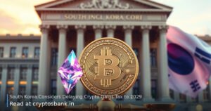 Crypto coins on the scales of justice with the South Korea flag in the background.