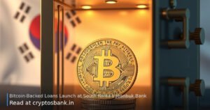 Gold Bitcoin coin in a glass bank vault with the South Korean flag in the background.
