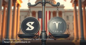 SpaceX and Tesla symbols on scales of justice before a columned building, US flag hues behind