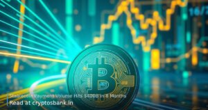 A glowing green stablecoin with a dollar symbol surrounded by high-speed digital light trails on a global network grid.