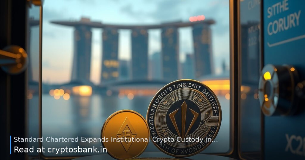 Crypto coins in a glass vault with the Singapore skyline at dusk in the background.