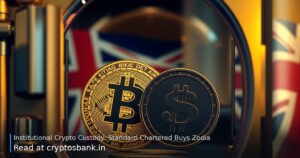 Gold Bitcoin and silver crypto coins inside a glass vault with the British flag in the background.