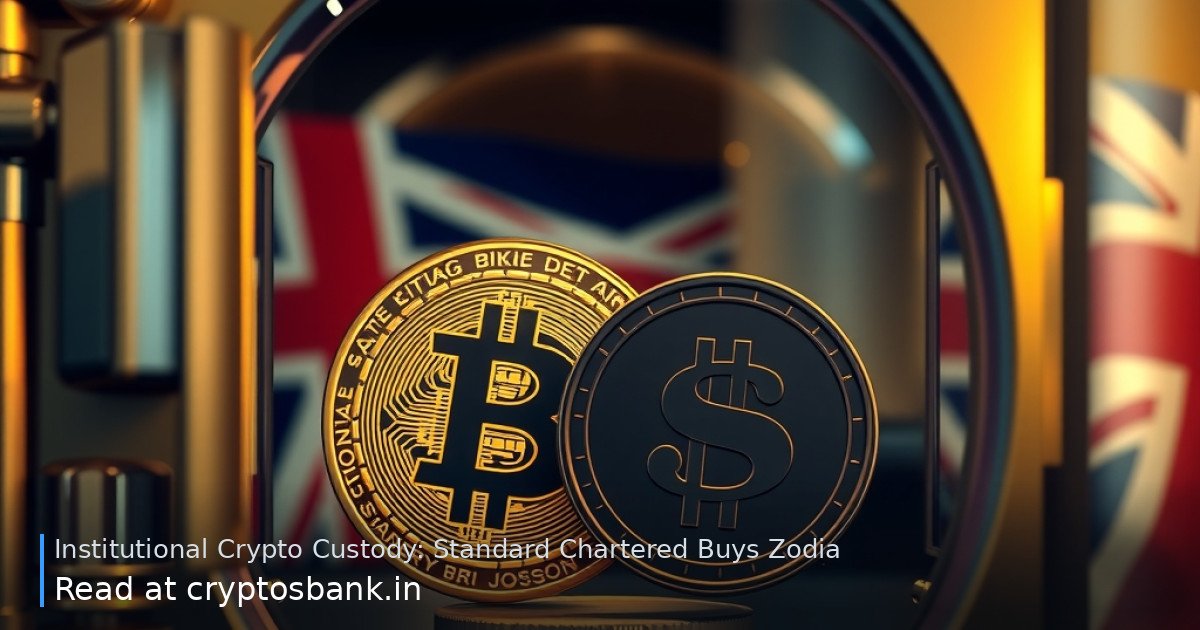 Gold Bitcoin and silver crypto coins inside a glass vault with the British flag in the background.
