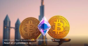 Bitcoin and Ethereum on scales of justice with the Dubai skyline at dusk.