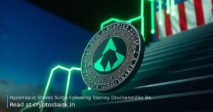 A dark silver coin climbs a glowing green staircase representing a token surge, with the US flag in the background.
