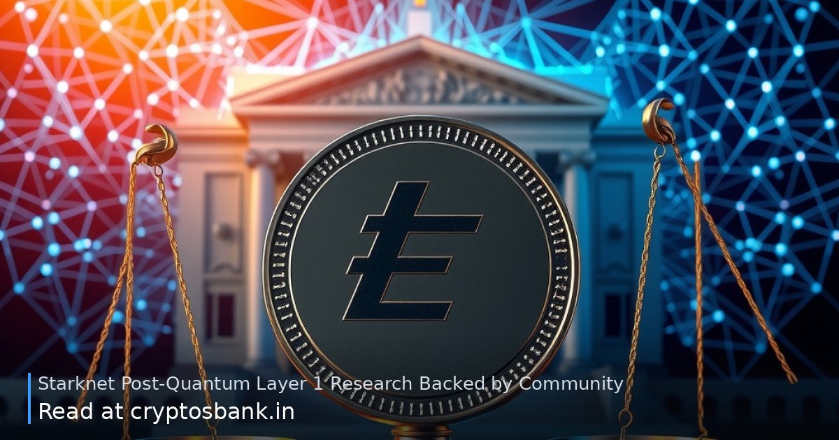 Starknet coin on scales of justice with a quantum lattice background.