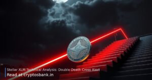 An illustration of a Stellar coin sliding down a dark staircase with red light trails, under heavy clouds.
