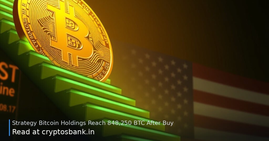 A giant gold Bitcoin on a staircase with slowing green light trails and a US flag background.