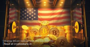 A massive glass vault filled with glowing gold Bitcoin coins, symbolizing a major corporate accumulation.