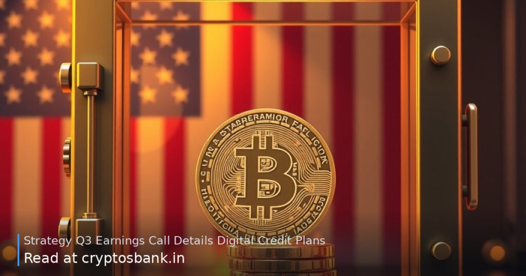 A polished gold Bitcoin coin inside a glass vault representing corporate digital credit strategy.