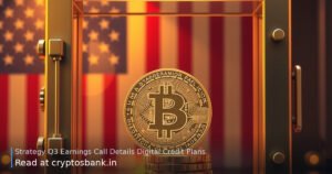 A polished gold Bitcoin coin inside a glass vault representing corporate digital credit strategy.