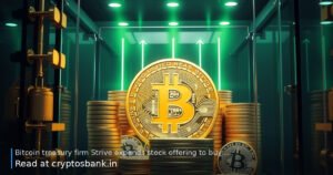 A gold Bitcoin coin inside a glass vault with rising green light trails, symbolizing treasury expansion.