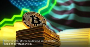 Gold Bitcoin and stock certificates climbing a glowing green staircase representing Strive's preferred stock offering.