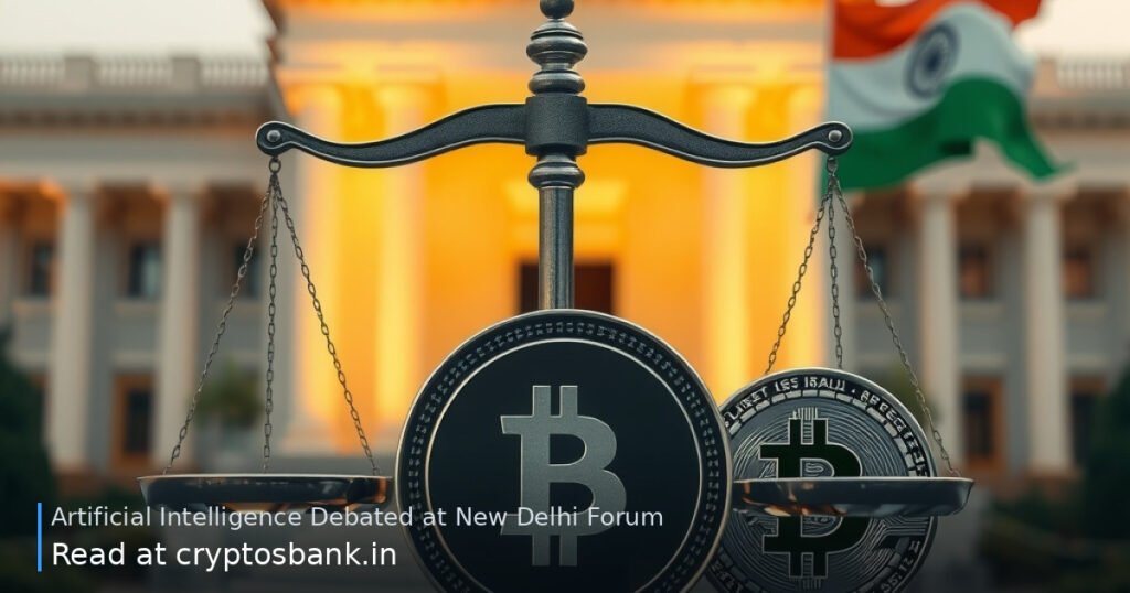 AI debate illustration with a tech coin, scales of justice, and the Indian flag in the background.
