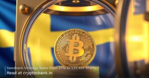 A gold Bitcoin coin in a glass vault with the Swedish flag in the background.