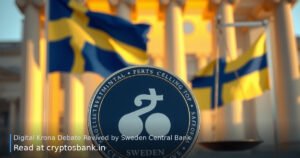 Digital krona coin on scales of justice with Swedish flag and central bank building.