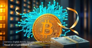 A gold Bitcoin coin morphs into an AI microchip next to stacked euro notes representing a massive AI pivot funding roun…