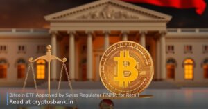 Bitcoin coin on scales of justice with Swiss flag and classical building in background