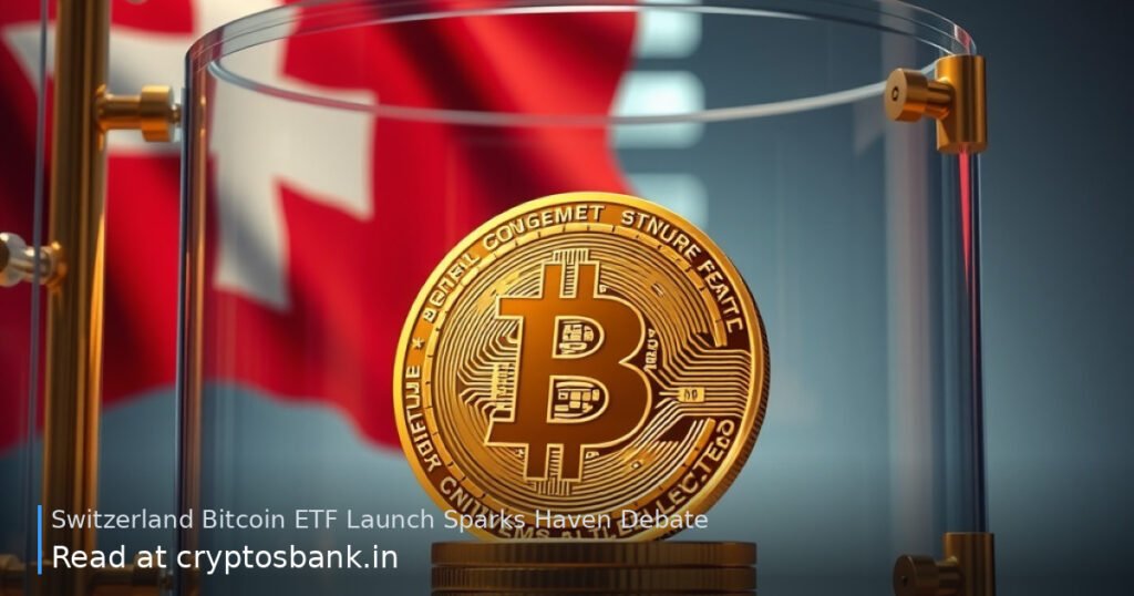 A gold Bitcoin coin in a glass vault with the Swiss flag in the background.