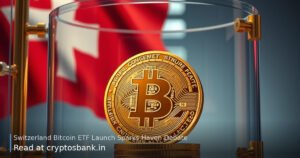 A gold Bitcoin coin in a glass vault with the Swiss flag in the background.
