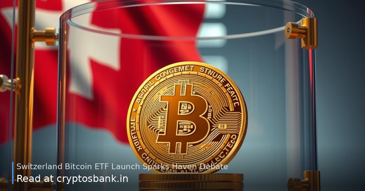 A gold Bitcoin coin in a glass vault with the Swiss flag in the background.