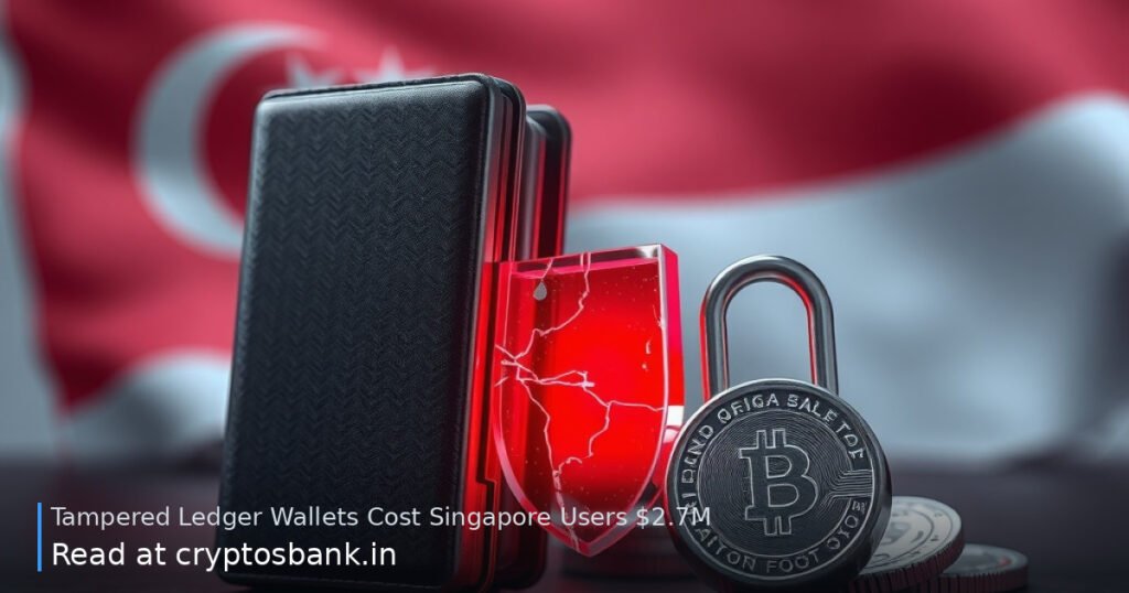 A tampered hardware wallet next to a cracked padlock and the Singapore flag, lit by a red warning light.