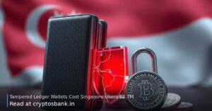 A tampered hardware wallet next to a cracked padlock and the Singapore flag, lit by a red warning light.
