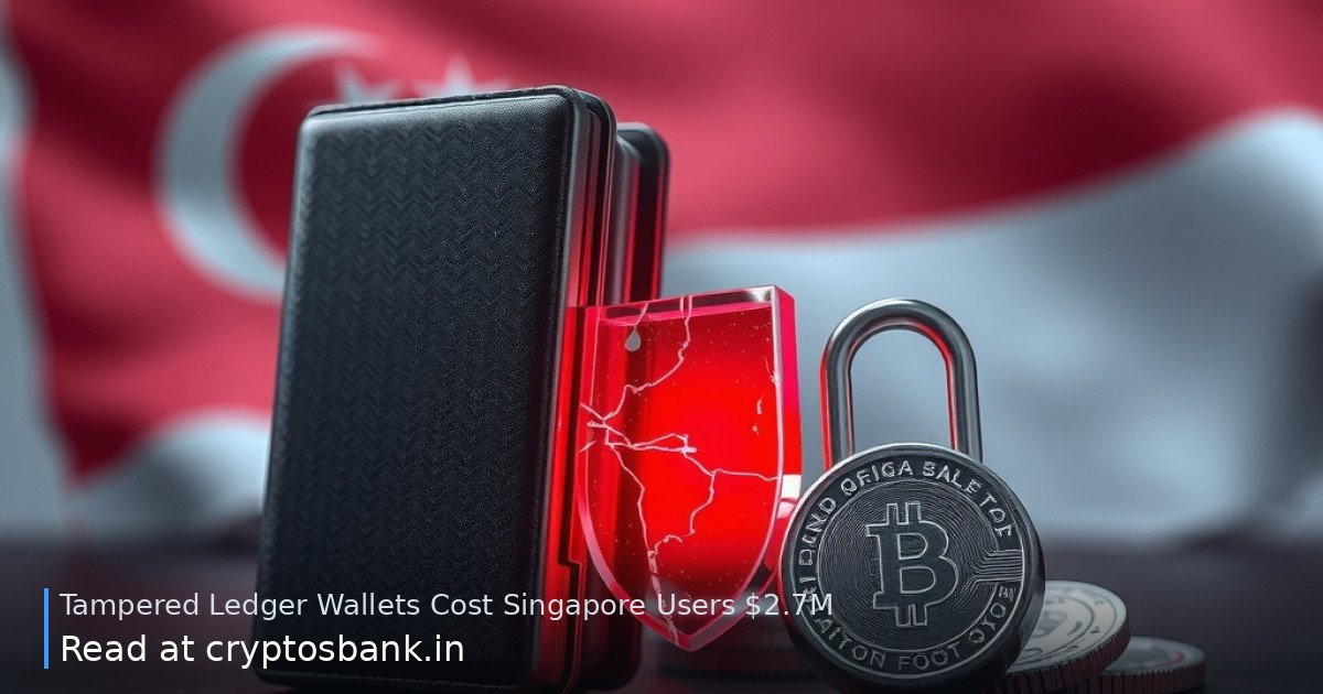 A tampered hardware wallet next to a cracked padlock and the Singapore flag, lit by a red warning light.