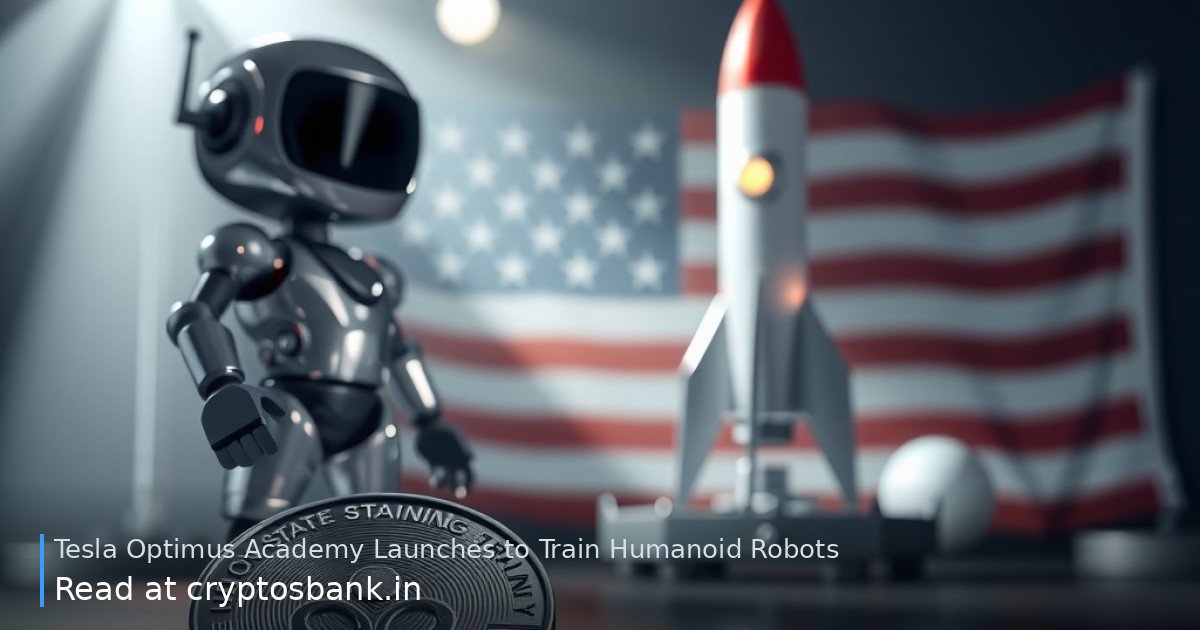 Illustration of a robot and rocket launch representing Tesla Optimus Academy in the US.