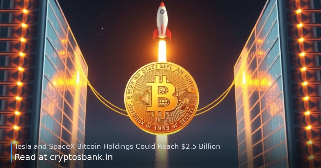 A gold Bitcoin coin bridging two corporate buildings with a launching rocket in the background.