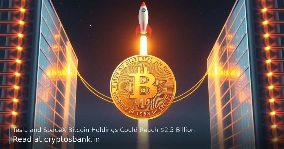 A gold Bitcoin coin bridging two corporate buildings with a launching rocket in the background.