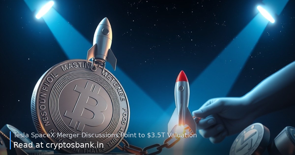 Illustration of a corporate crypto merger showing a rocket and a silver coin linked by a glowing bridge.