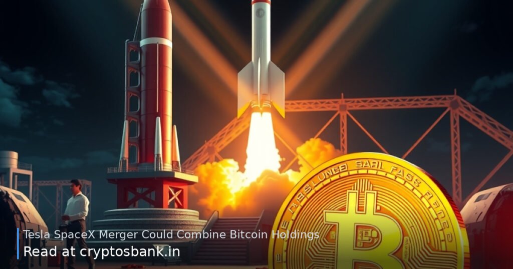 Illustration of a Bitcoin coin and a launching rocket symbolizing a corporate merger.