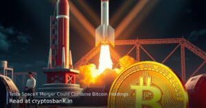 Illustration of a Bitcoin coin and a launching rocket symbolizing a corporate merger.