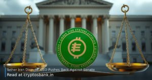 Tether coin on the scales of justice before a government building with the US flag.