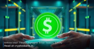 An illustration of a USDT coin being transferred between hands across a glowing digital bridge.