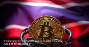 A gold Bitcoin coin bound in handcuffs and red chains with the Thai flag waving in the background.