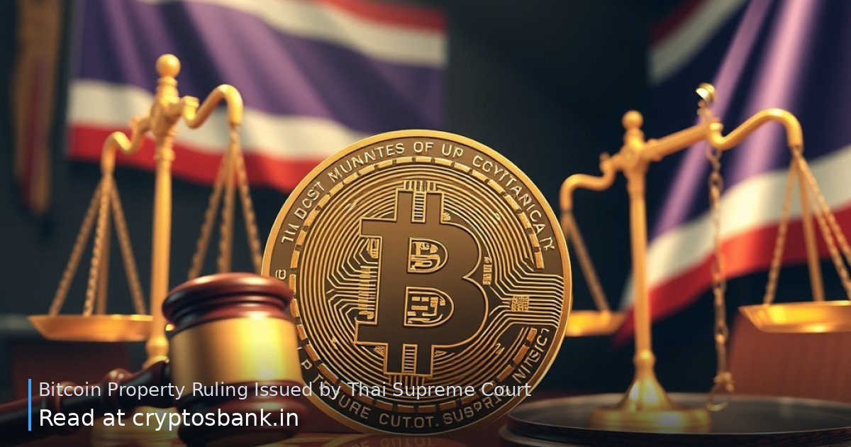 A gold Bitcoin coin on a judge's desk beside a gavel and scales of justice, with the Thai flag in the background.