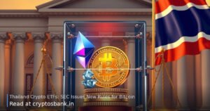 Bitcoin and Ethereum symbols in a glass vault on scales of justice with the Thai flag.