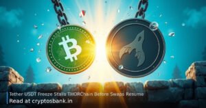 A green USDT coin and silver TRON coin breaking free from heavy chains over a stone bridge.