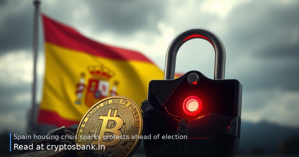 Bitcoin coin next to a cracked padlock and the Spanish flag.