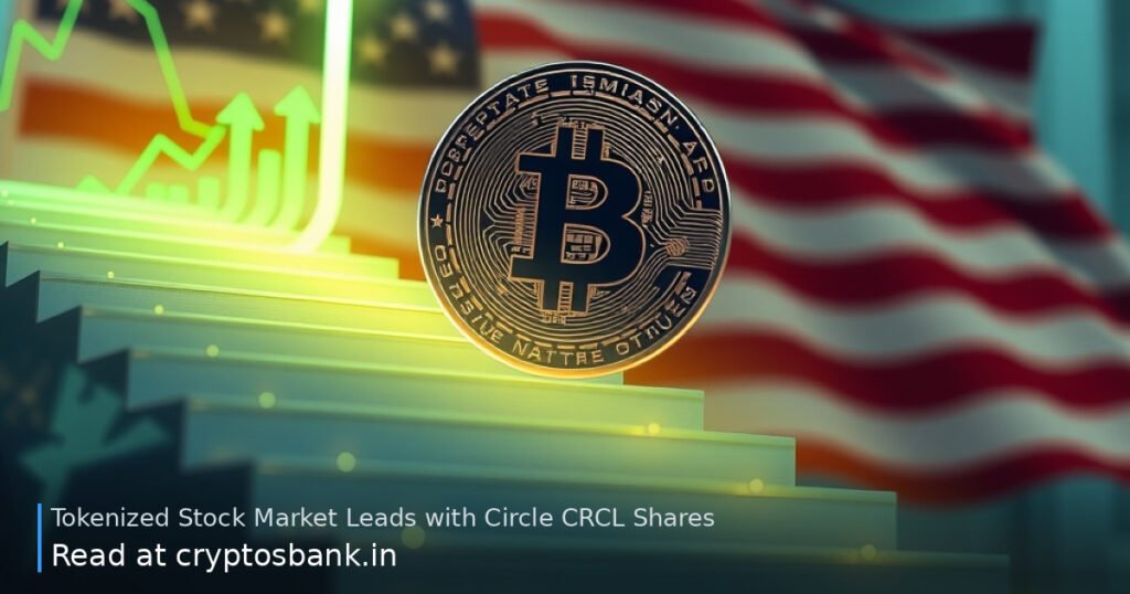A dark silver coin climbs a glowing green staircase representing massive tokenized stock growth.