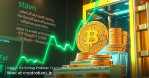 A golden Bitcoin climbs a glowing green staircase beside a glass vault representing market cycles.