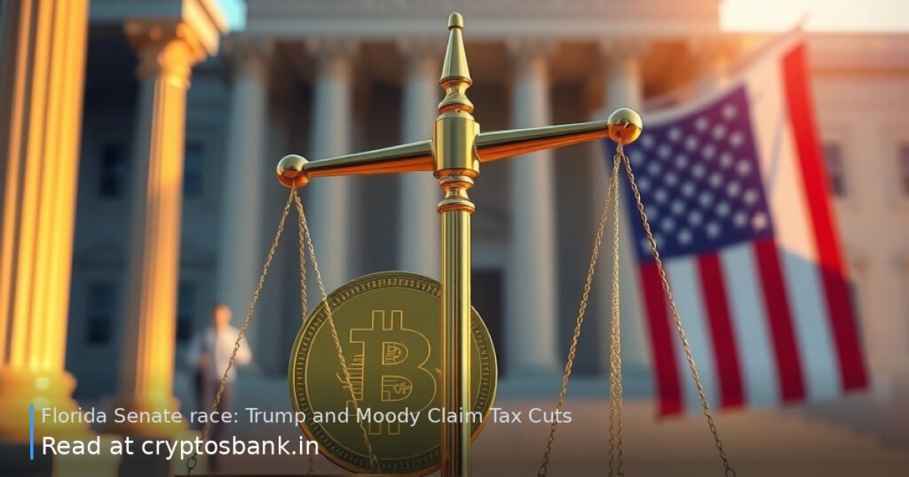 A golden coin and scales of justice before a government building with the US flag.