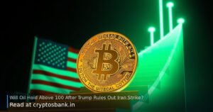 A golden Bitcoin climbs a glowing green staircase against a US flag background.