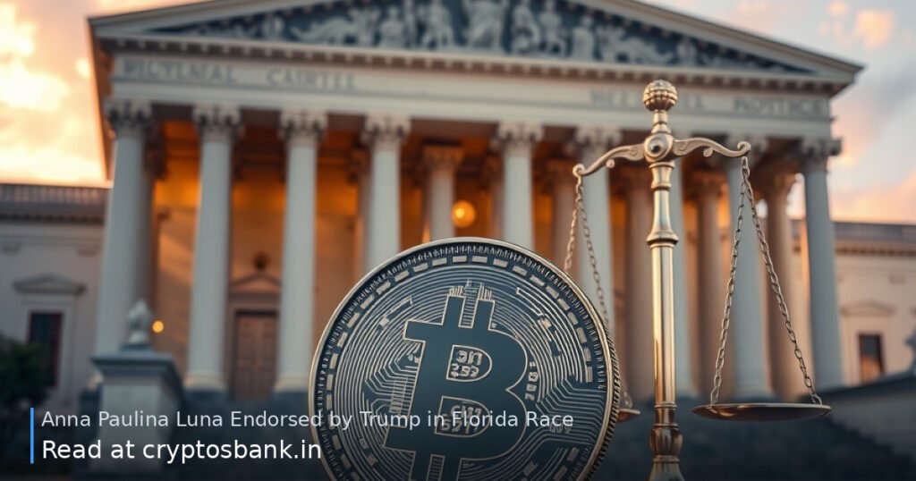 Crypto coin resting in front of a government building with columns under warm light and a US flag background.