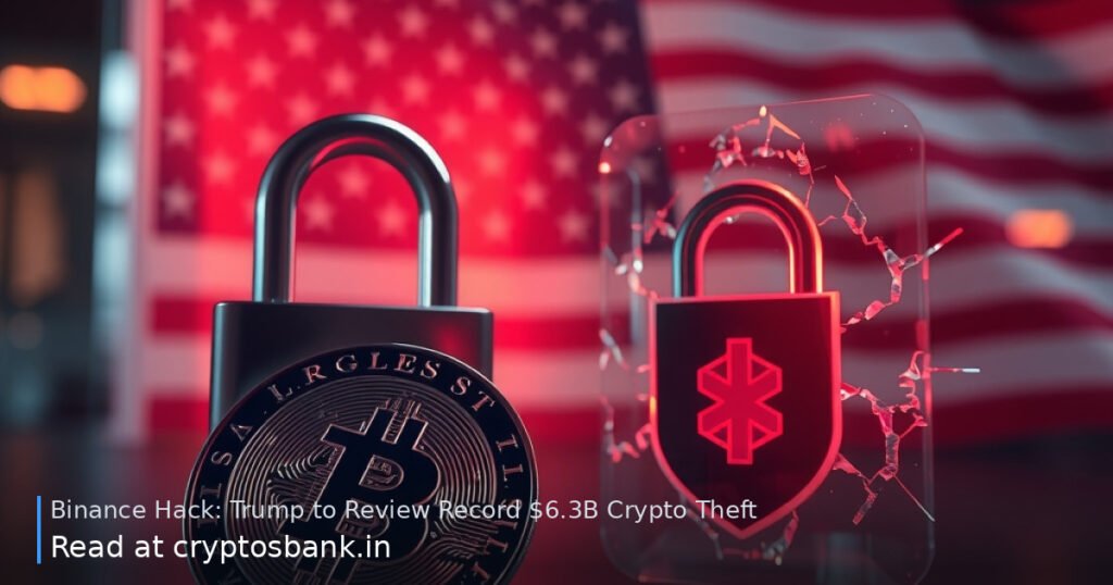Illustration of a dark crypto coin beside a cracked padlock under red warning light, with US flag reflection.