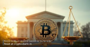 A golden Bitcoin on scales of justice with a US flag reflection.