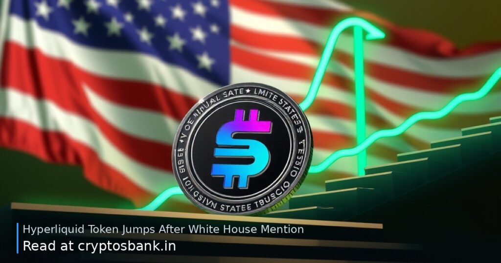 A dark coin with an abstract emblem climbing a glowing green staircase against a US flag background.