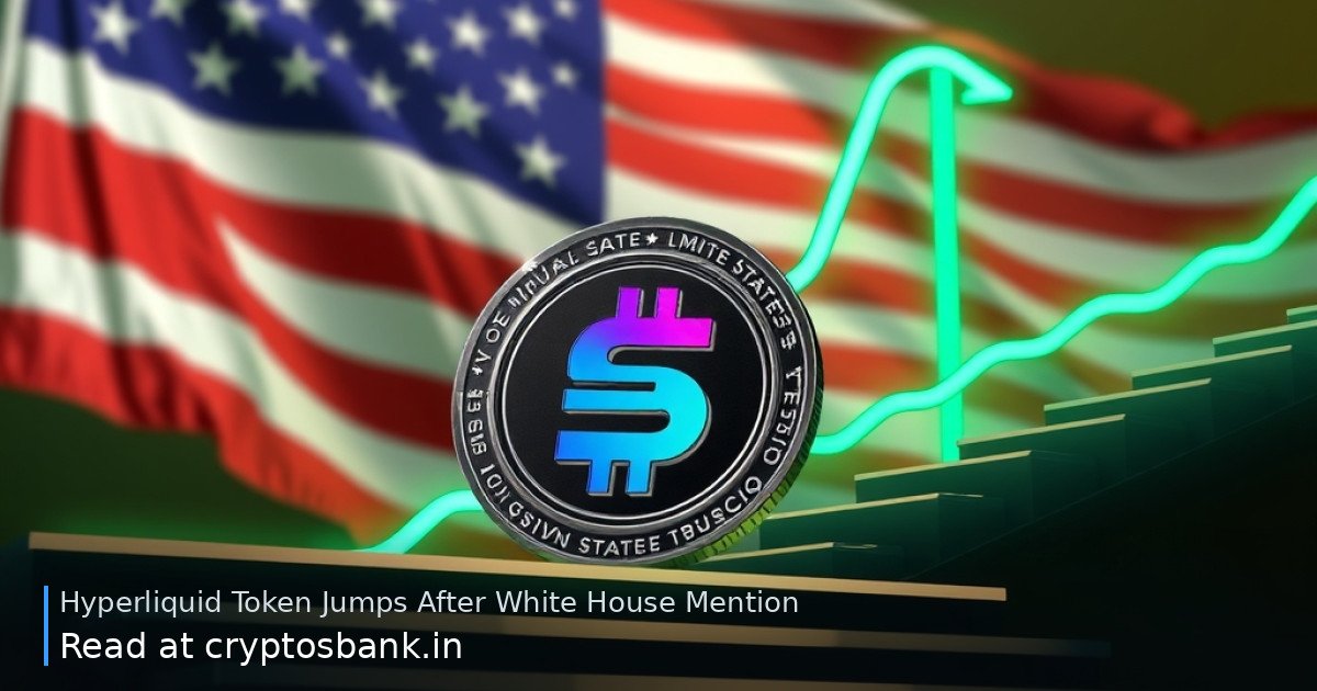 A dark coin with an abstract emblem climbing a glowing green staircase against a US flag background.